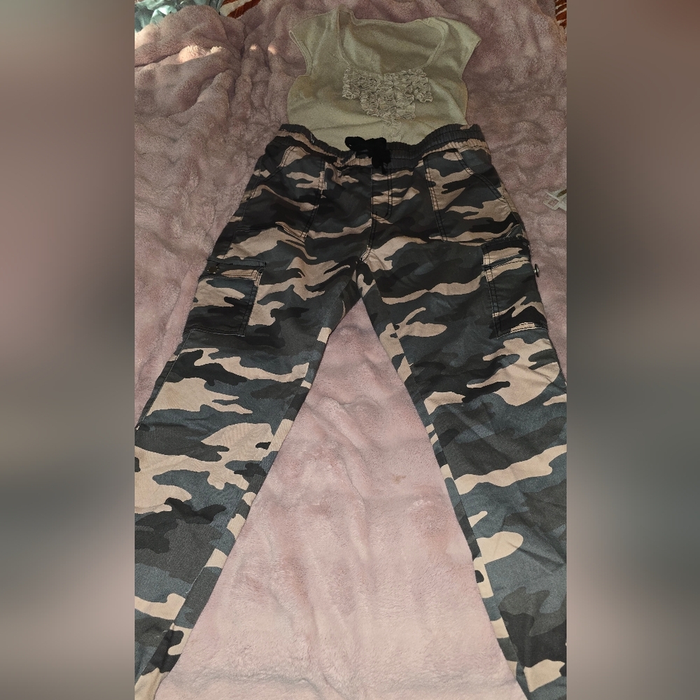 Camouflage Pants And Ruffle Top